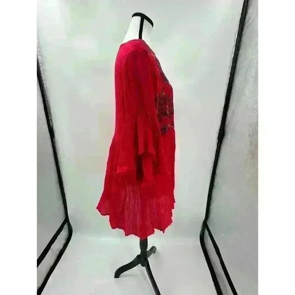 Umgee Red Women's Floral Embroidered Keyhole Bell Sleeve Mini Dress Bohemian SM - Picture 8 of 8